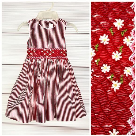Creation Imaho Smocked Dress Red White Striped Cotton Summer Sleeveless 2 Years - Picture 1 of 13